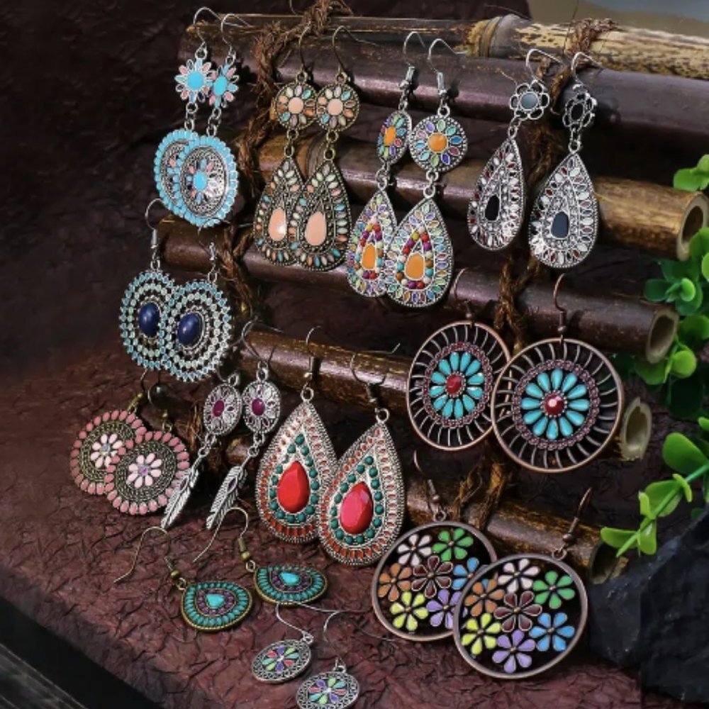 12 Pairs Multicolor Boho Tribal Geometric Drop Earrings